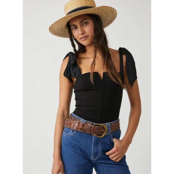 Free People Tops - FREE PEOPLE Top Black Lola Bodysuit Tank Tie Shoulder Adjustable Size S FLAW